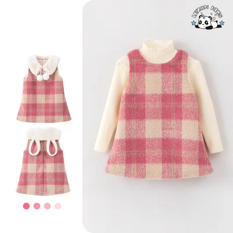LEZONKIDS - Customizable New Fashion Girls Winter Dress Set Pink Plaid 2PCS Baby Girl Clothing Sets Dress for Kids